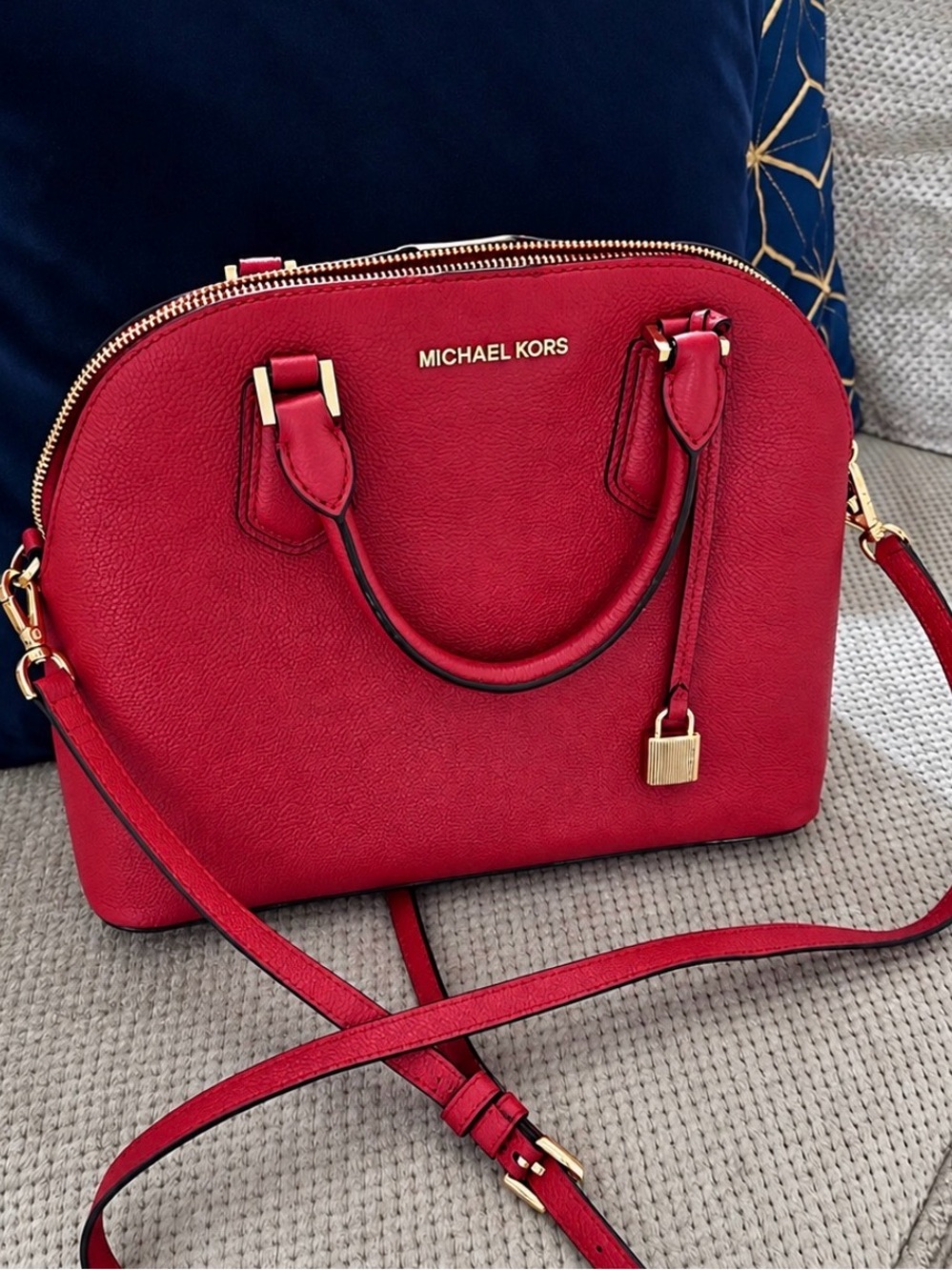 Michael Kors Red Dome Crossbody Satchel with Gold Accents